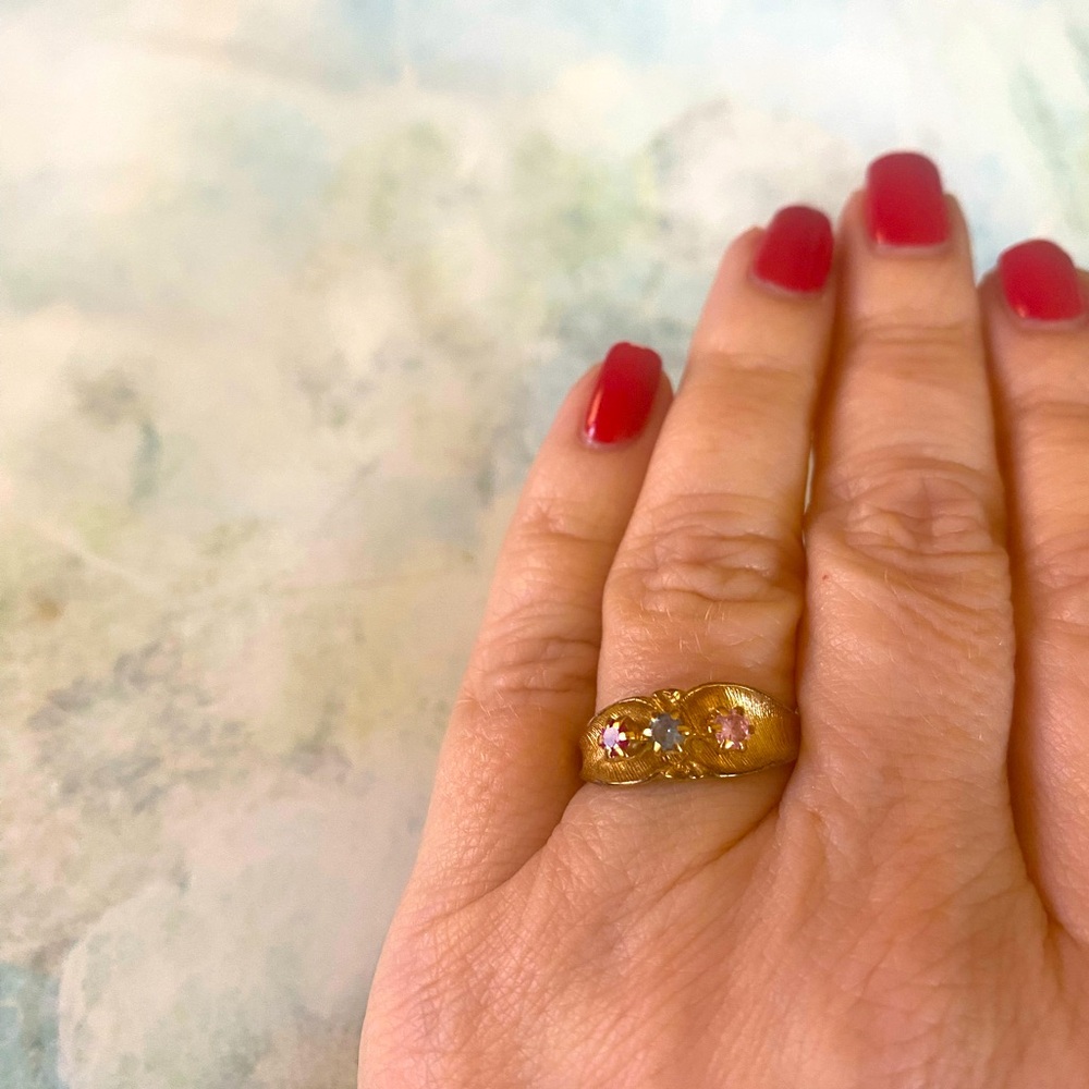 Vintage 14kt 3 Stone Mother’s Ring Pink, Blue, Red